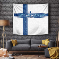 White wall tapestry with blue Nordic-style cross, Finland Euro 2024 text and trophy emblem