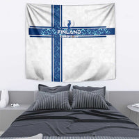 White sports tapestry with bold blue cross, Finland Euro 2024 emblem and text for wall
