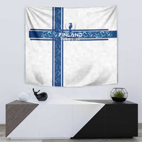 White tapestry banner with strong blue cross stripes and Finland Euro 2024 logo in center
