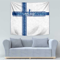 White Finland Euro 2024 tapestry with blue cross design and team crest for home wall decor