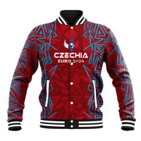 Red baseball jacket with blue geometric graphics, striped ribbed collar and snap front