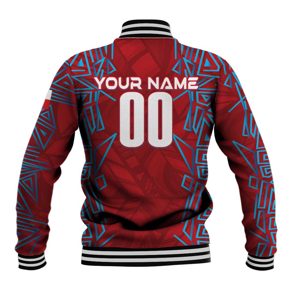 Red baseball jacket back with blue geometric graphics, personalized name and number, ribbed hem