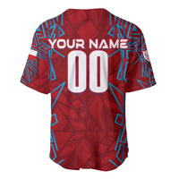 Red baseball jersey back with Your Name and number 00, blue geometric accents
