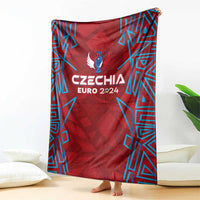 Red Czechia Euro 2024 blanket with blue geometric border pattern and bird emblem