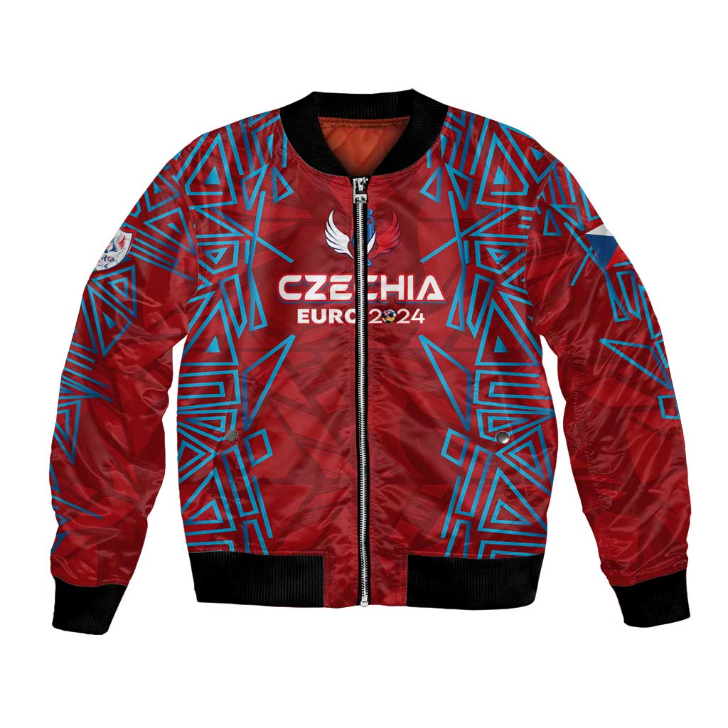 Red bomber jacket with blue geometric print, full-zip front, ribbed cuffs