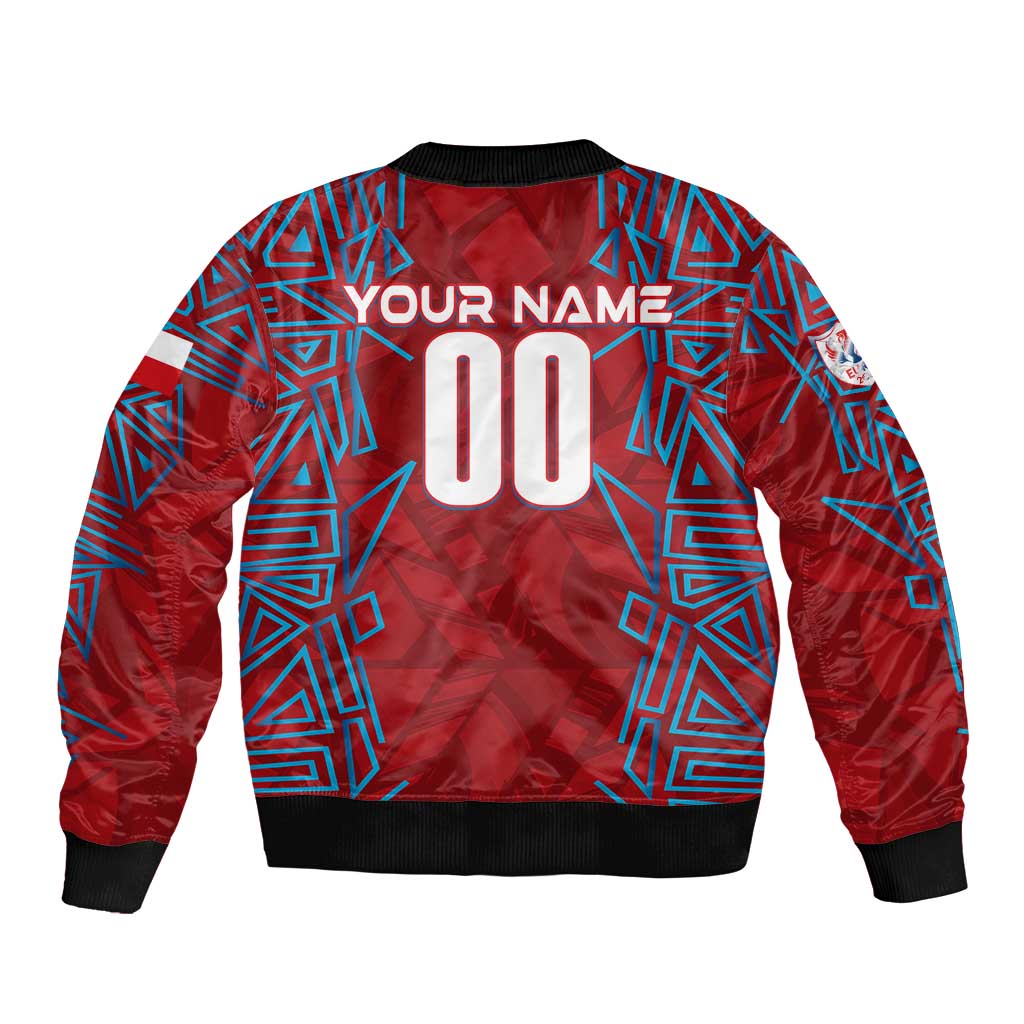 Red bomber jacket back with blue geometric print, YOUR NAME and 00, ribbed hem