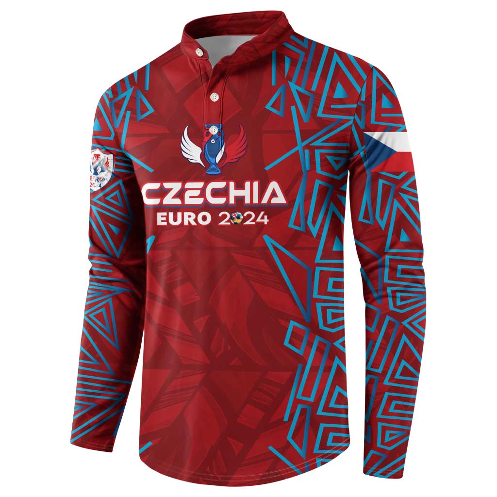 Red button-up football sweatshirt with Czechia Euro 2024 crest, side view