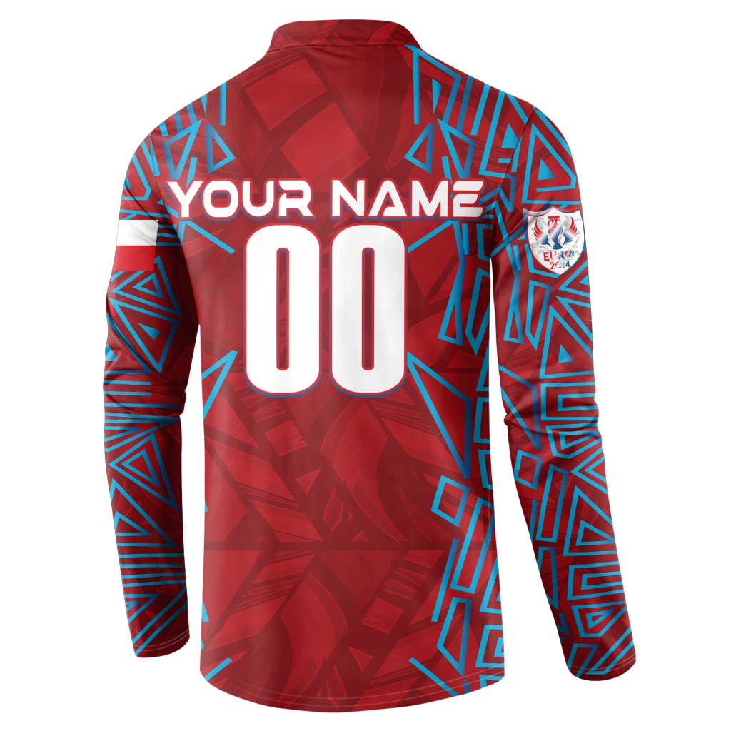 Red football sweatshirt back with YOUR NAME 00 print and geometric blue pattern