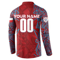 Red football sweatshirt back with YOUR NAME 00 print and geometric blue pattern