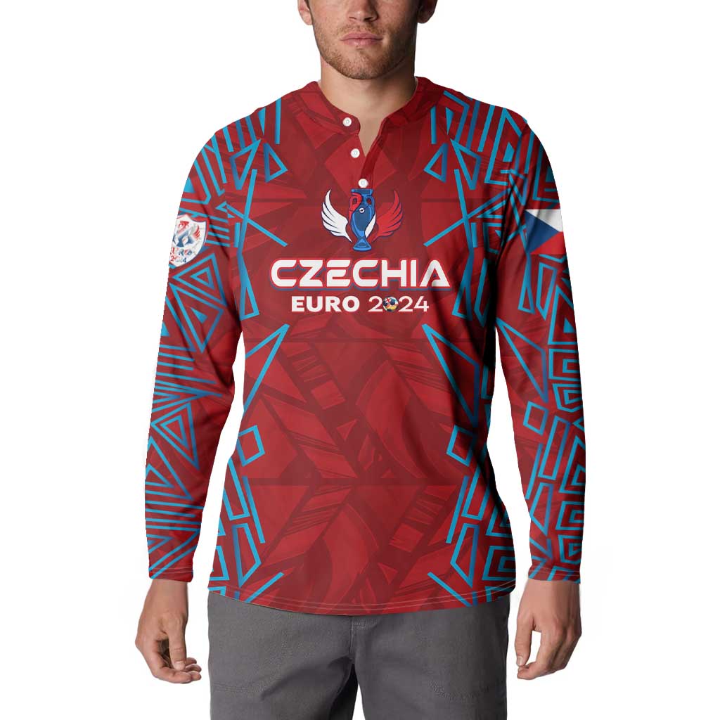 Red football sweatshirt with Czechia Euro 2024 logo, button placket and long sleeves