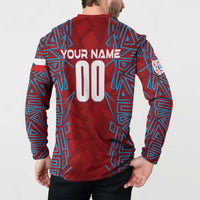 Red football sweatshirt back with YOUR NAME 00 print and blue patterned sleeves