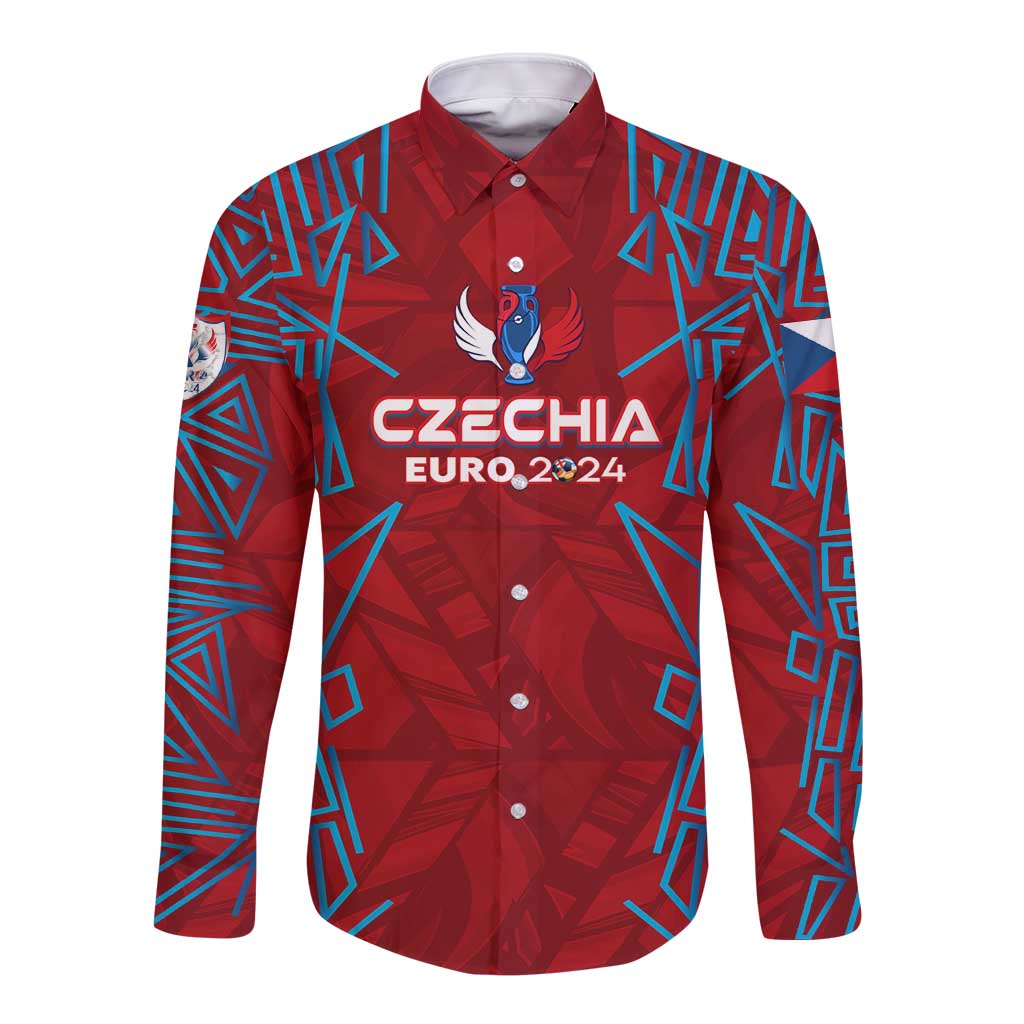 Red long-sleeve button football shirt with Czechia Euro 2024 graphic and geometric trim