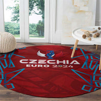 Red round carpet rug with Czechia Euro 2024 logo and blue geometric borders
