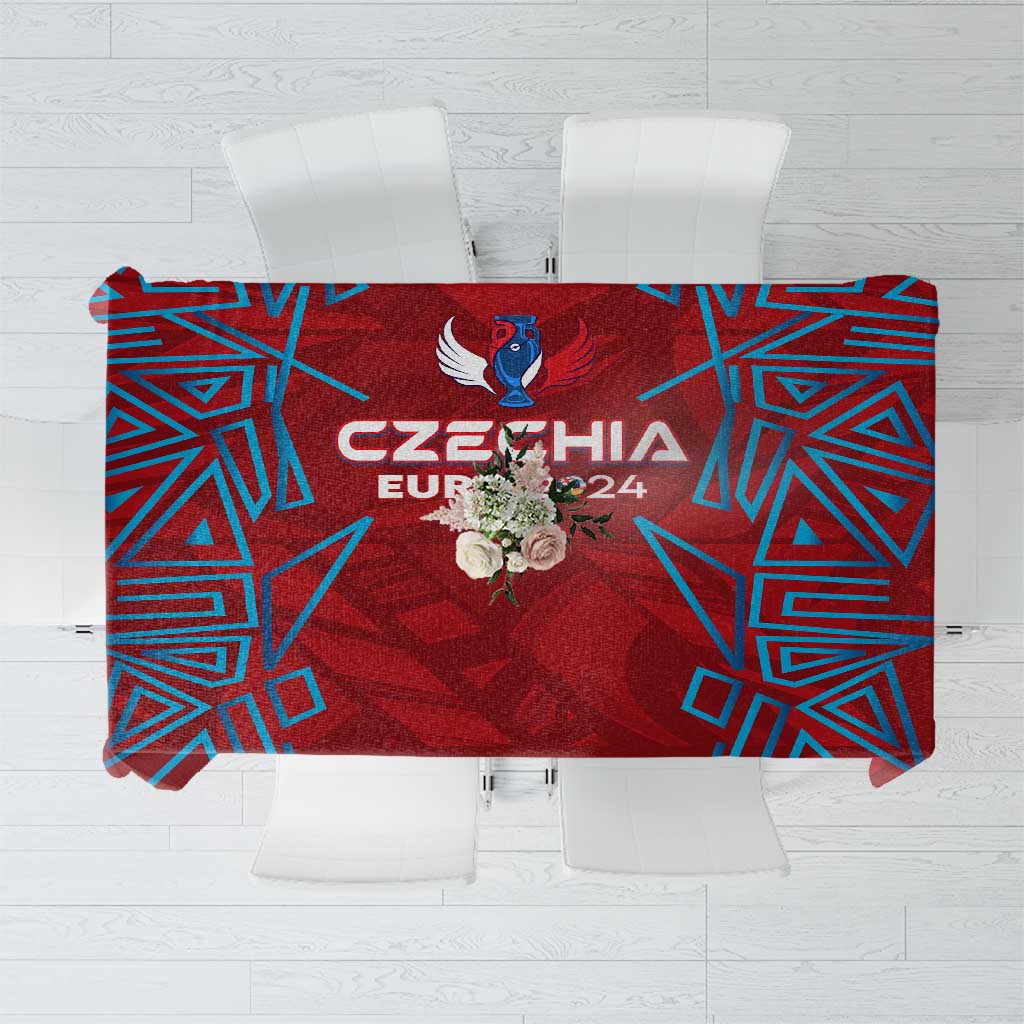 Red tablecloth with Czechia Euro 2024 lettering, blue geometric frame, and crest
