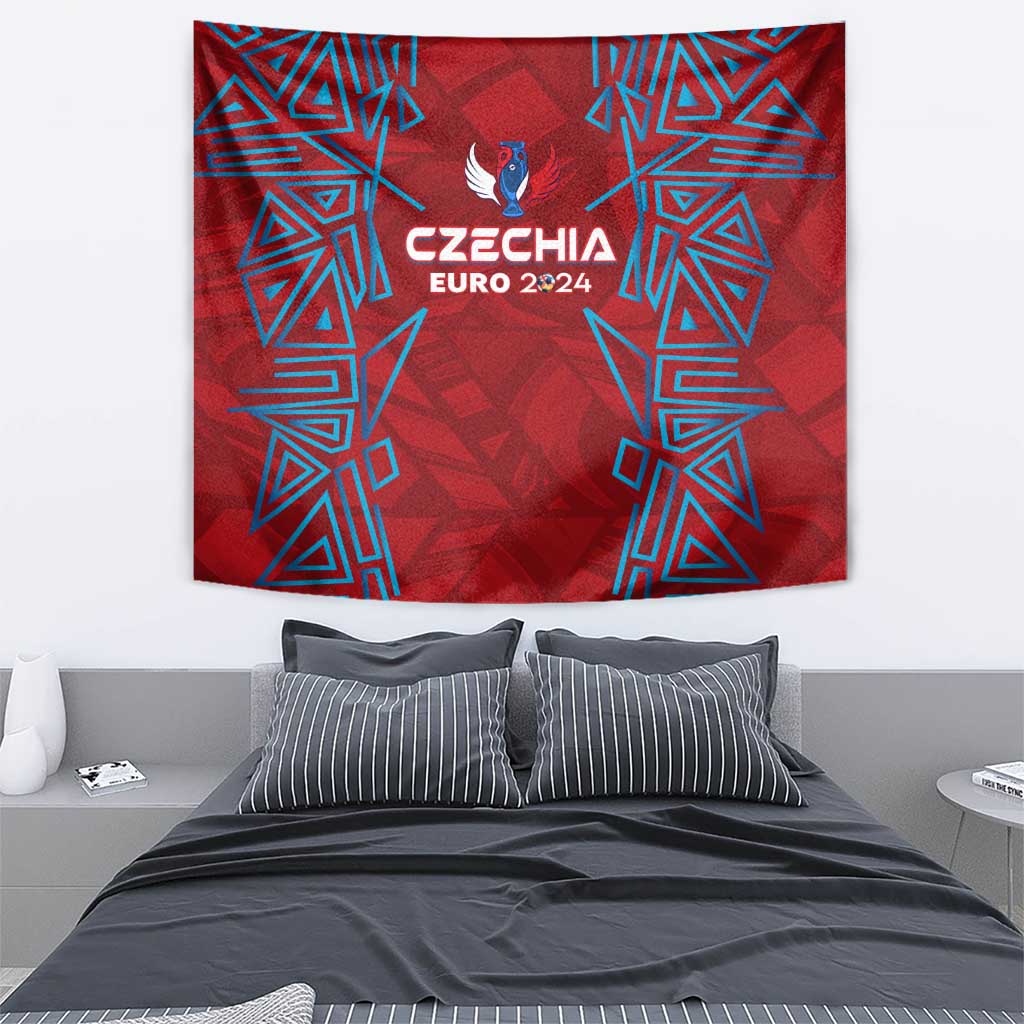 Red Czechia EURO 2024 football tapestry with blue geometric star shapes and crest
