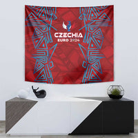 Red Czechia EURO 2024 tapestry with blue angular patterns and central crest