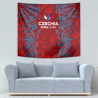 Red Czechia EURO 2024 tapestry with blue geometric wing shapes and crest