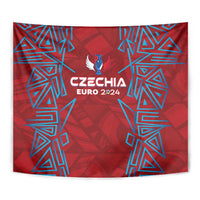 Red Czechia EURO 2024 tapestry close view with blue geometric patterns and crest