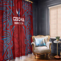 Red window curtain with blue geometric pattern and Czechia Euro 2024 wing trophy design