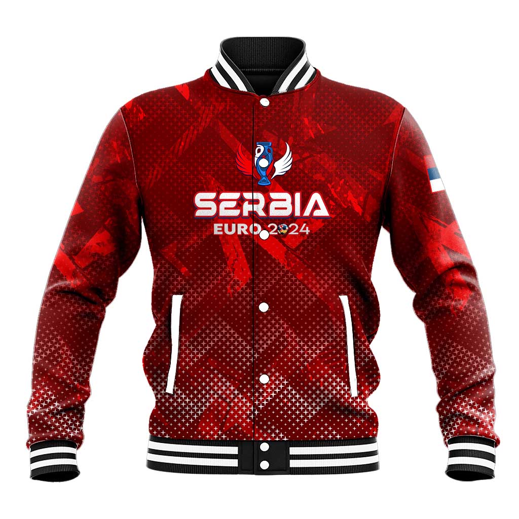 Red personalized Serbia baseball jacket with button front, striped collar and sleeves