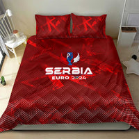 Red Serbia Euro 2024 bedding set with quilt and two pillowcases on bed