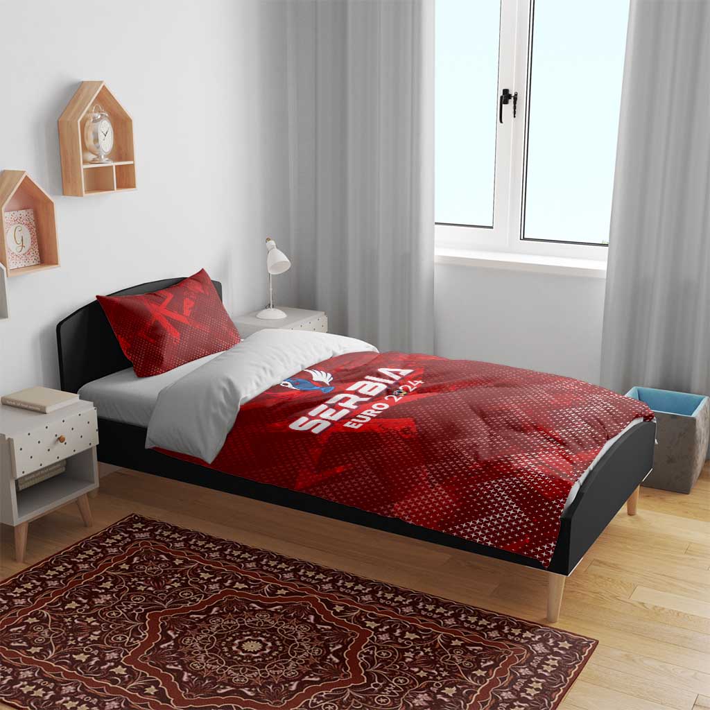Red Serbia Euro 2024 bedding set with duvet and two pillowcases on wooden bed