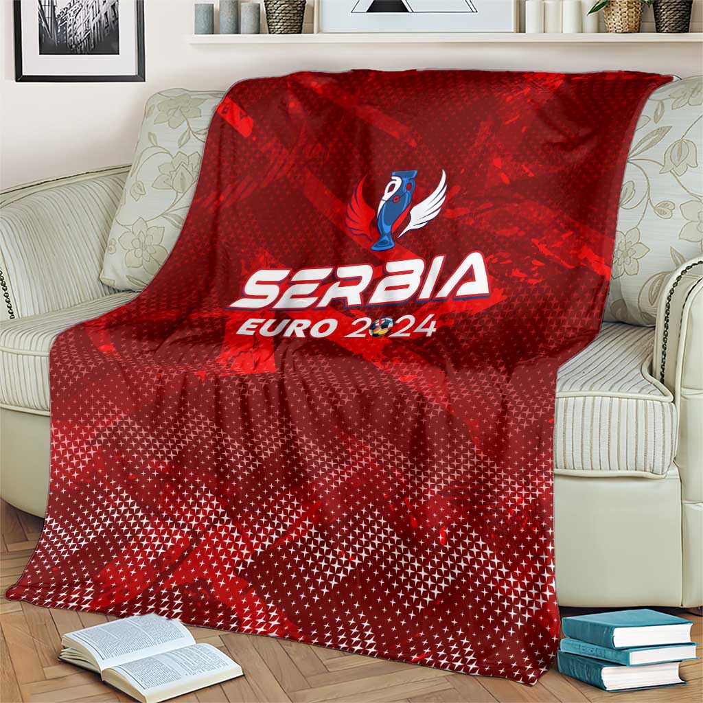 Red Serbia Euro 2024 trophy wing style blanket on bed with logo centered