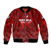 Red Serbia football bomber jacket, front zip, wing graphic and EURO 2024 logo