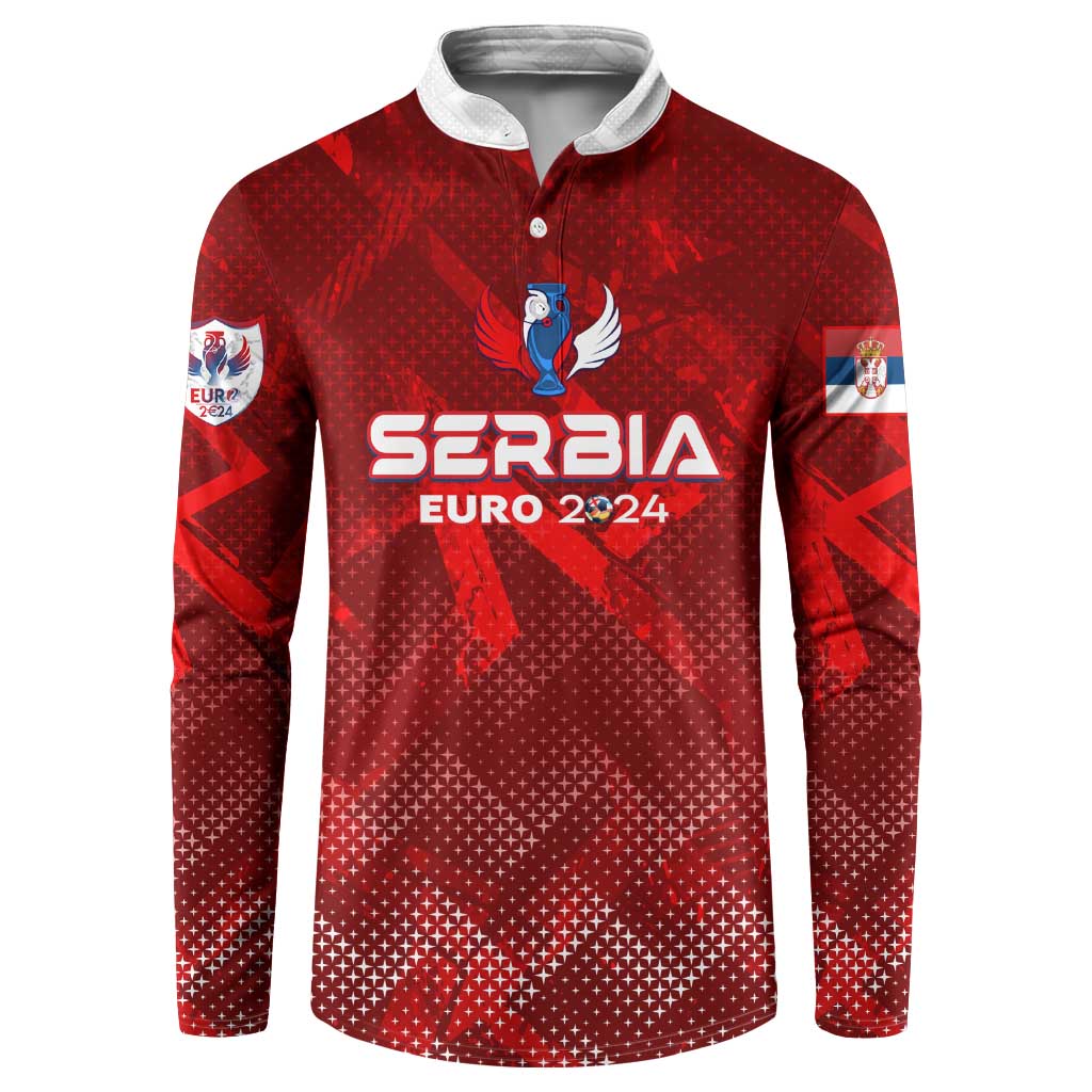 Red Serbia football button sweatshirt, SERBIA EURO 2024 front graphic, long sleeves, white collar