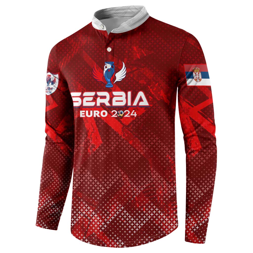 Red Serbia football button sweatshirt, SERBIA EURO 2024 front logo, long sleeves, white collar