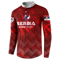 Red Serbia football button sweatshirt, SERBIA EURO 2024 front logo, long sleeves, white collar