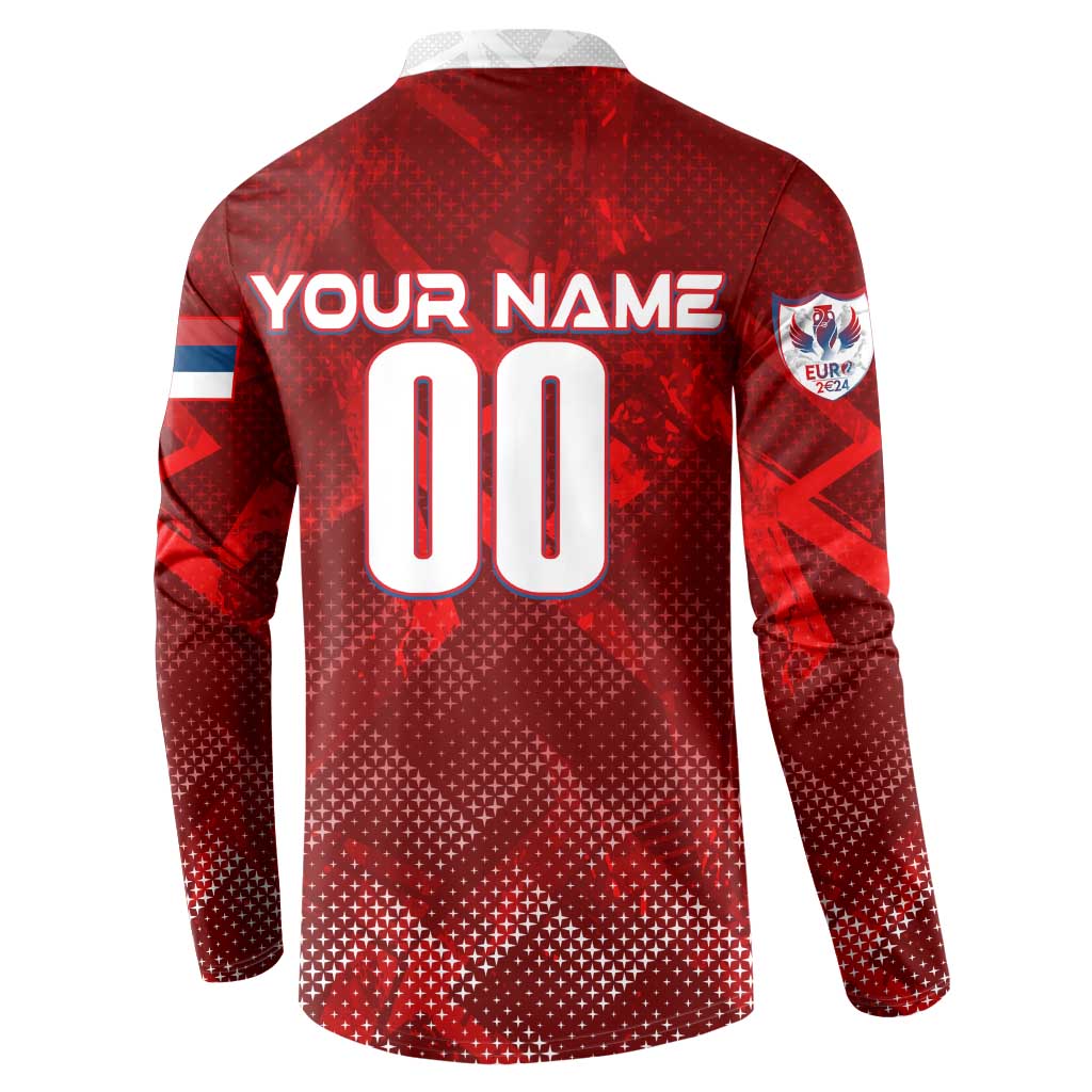 Red Serbia football button sweatshirt, back print YOUR NAME 00, long sleeves, white collar