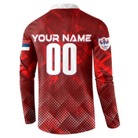 Red Serbia football button sweatshirt, back print YOUR NAME 00, long sleeves, white collar