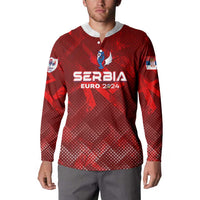 Red Serbia football button sweatshirt, front SERBIA EURO 2024 graphic, button placket, long sleeves