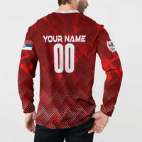 Red Serbia football button sweatshirt, back print YOUR NAME 00, long sleeves, white collar