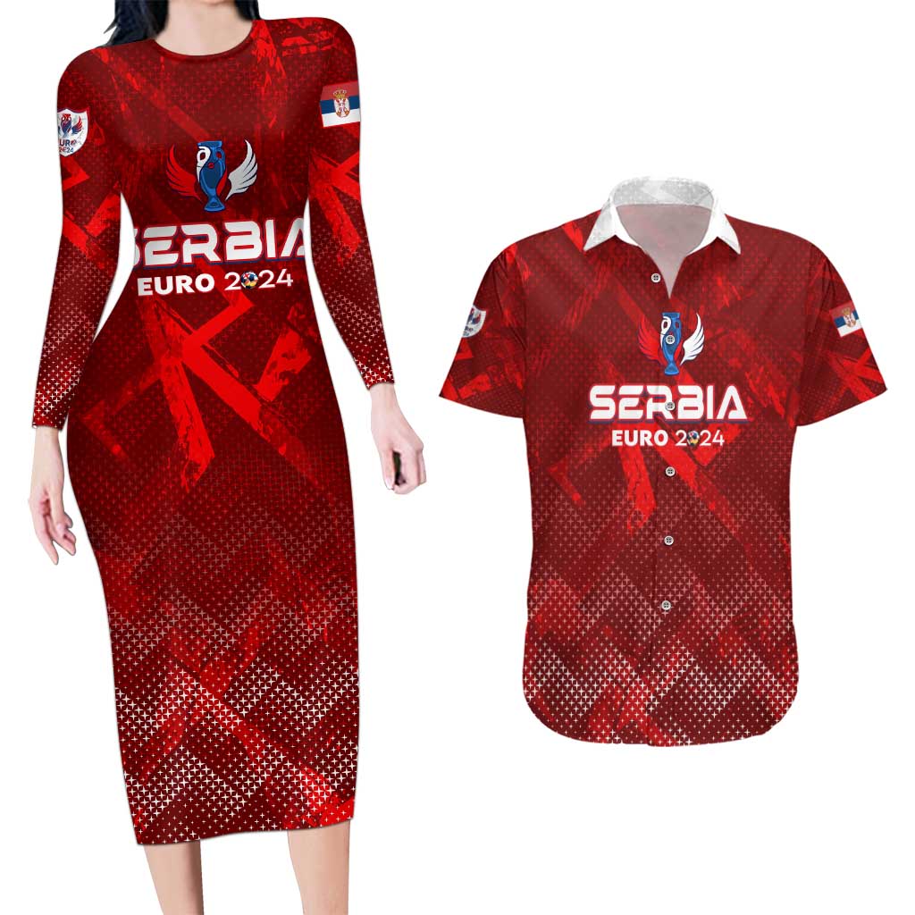 Personalized Serbia Football 2024 Couples Matching Long Sleeve Bodycon Dress and Hawaiian Shirt Trophy Wing Style - Wonder Print Shop