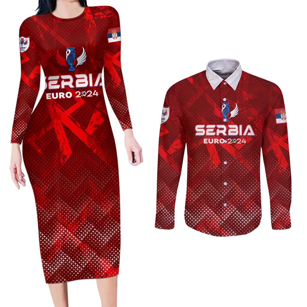 Personalized Serbia Football 2024 Couples Matching Long Sleeve Bodycon Dress and Long Sleeve Button Shirt Trophy Wing Style - Wonder Print Shop