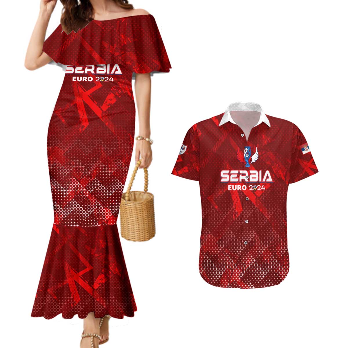 Personalized Serbia Football 2024 Couples Matching Mermaid Dress and Hawaiian Shirt Trophy Wing Style - Wonder Print Shop