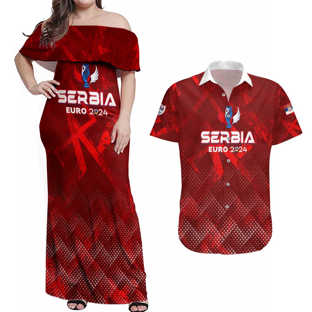 Personalized Serbia Football 2024 Couples Matching Off Shoulder Maxi Dress and Hawaiian Shirt Trophy Wing Style - Wonder Print Shop