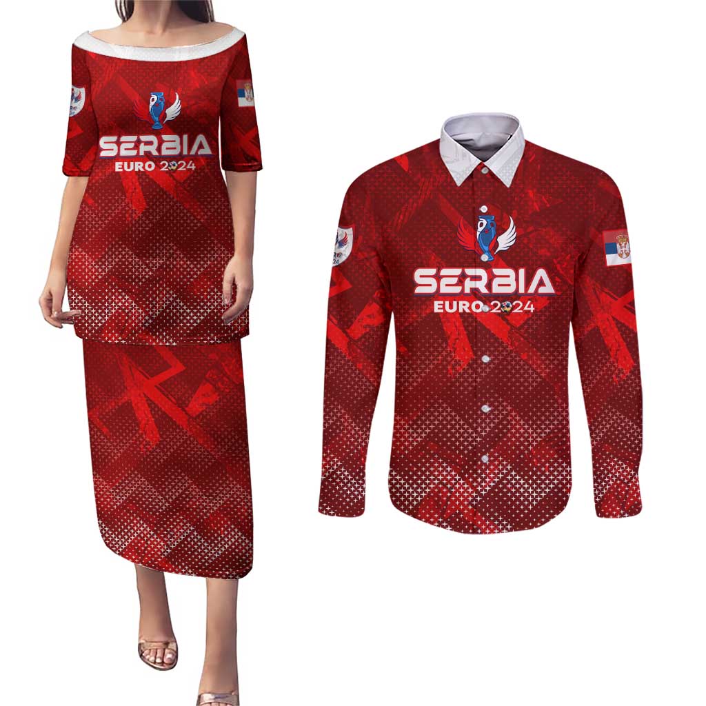 Personalized Serbia Football 2024 Couples Matching Puletasi and Long Sleeve Button Shirt Trophy Wing Style - Wonder Print Shop