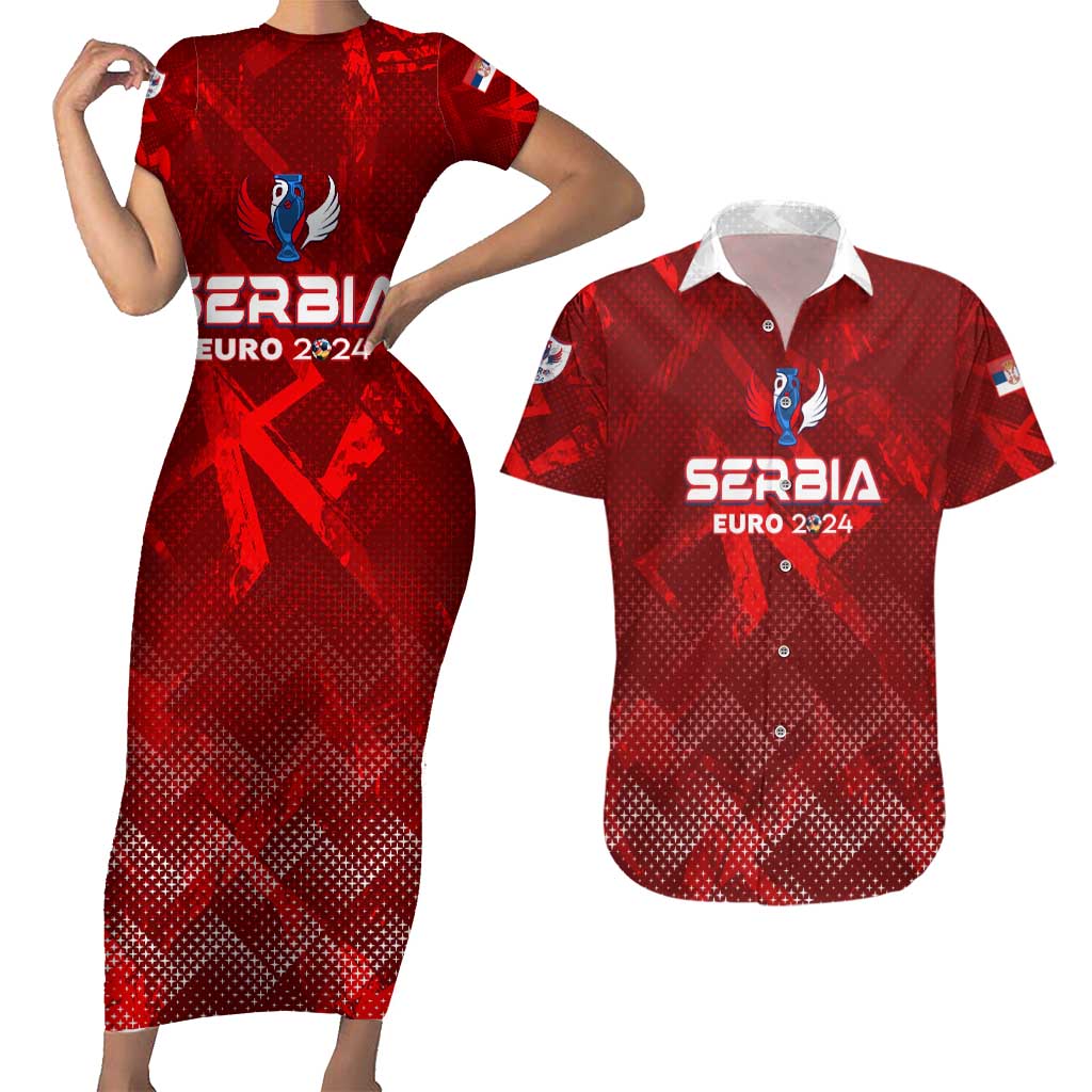 Personalized Serbia Football 2024 Couples Matching Short Sleeve Bodycon Dress and Hawaiian Shirt Trophy Wing Style - Wonder Print Shop