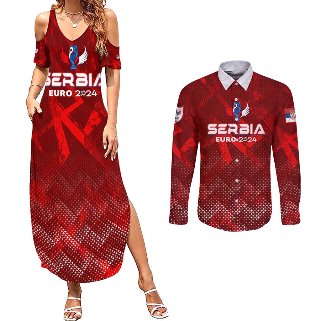 Personalized Serbia Football 2024 Couples Matching Summer Maxi Dress and Long Sleeve Button Shirt Trophy Wing Style - Wonder Print Shop