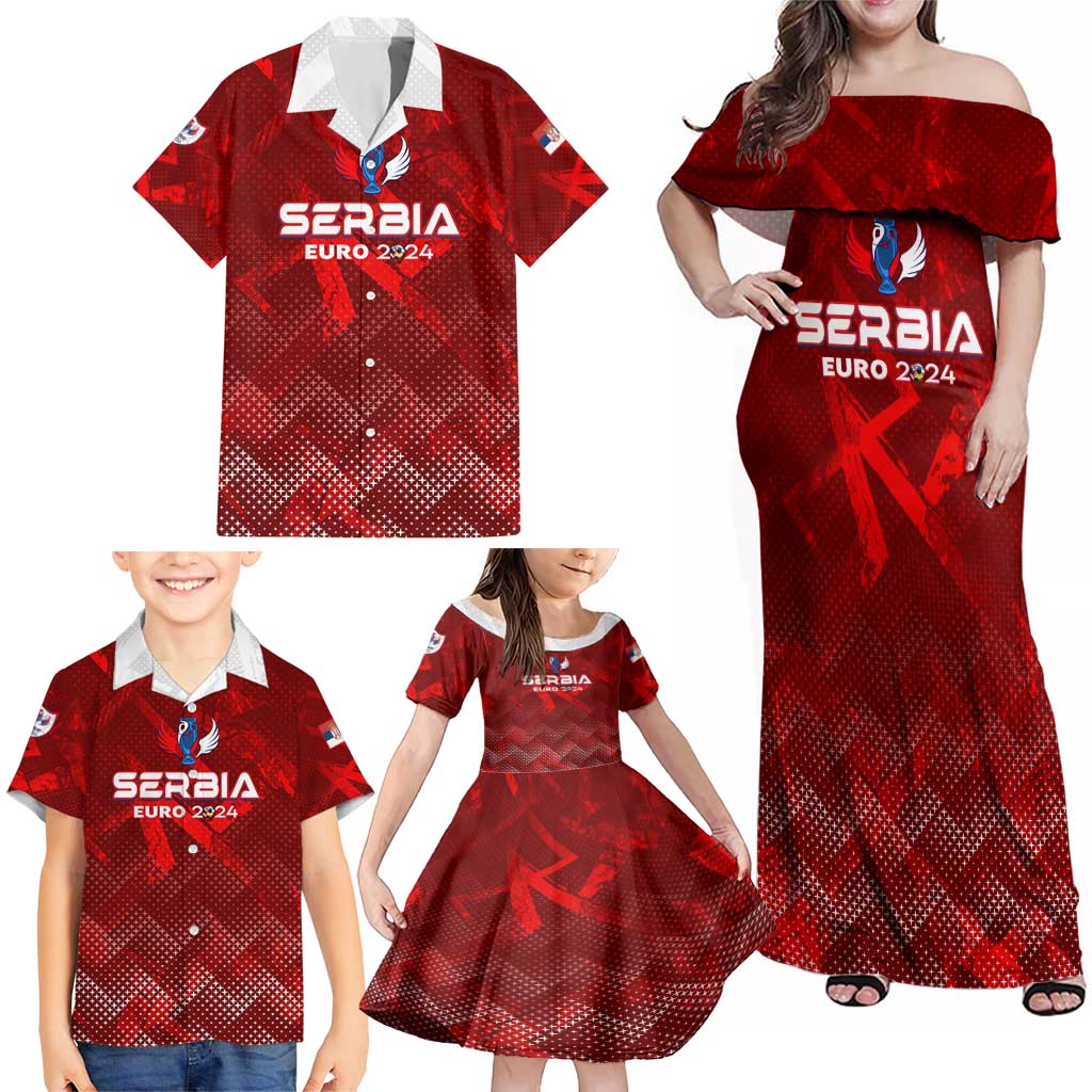 Personalized Serbia Football 2024 Family Matching Off Shoulder Maxi Dress and Hawaiian Shirt Trophy Wing Style - Wonder Print Shop