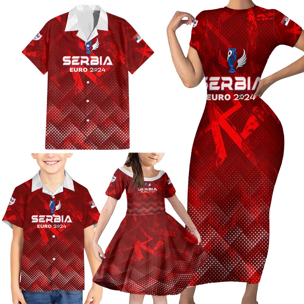 Personalized Serbia Football 2024 Family Matching Short Sleeve Bodycon Dress and Hawaiian Shirt Trophy Wing Style - Wonder Print Shop