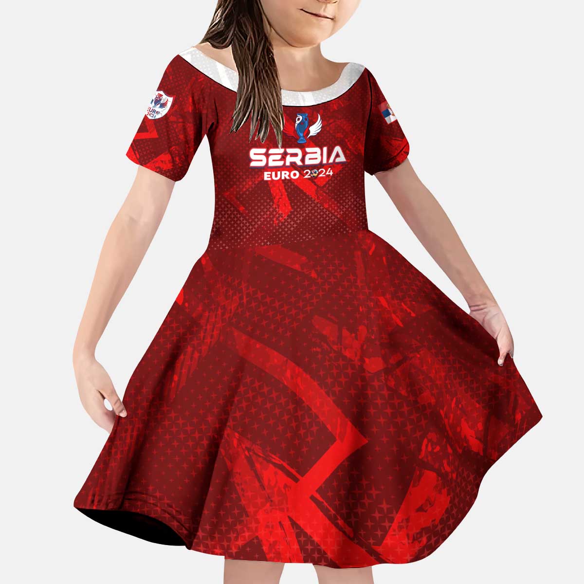 Personalized Serbia Football 2024 Kid Short Sleeve Dress Trophy Wing Style - Wonder Print Shop