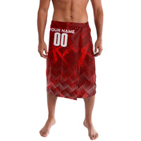 Red personalized football lavalava skirt with elastic waistband, 'YOUR NAME' and number