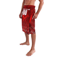Red personalized football lavalava skirt with 'YOUR NAME' print and number detail
