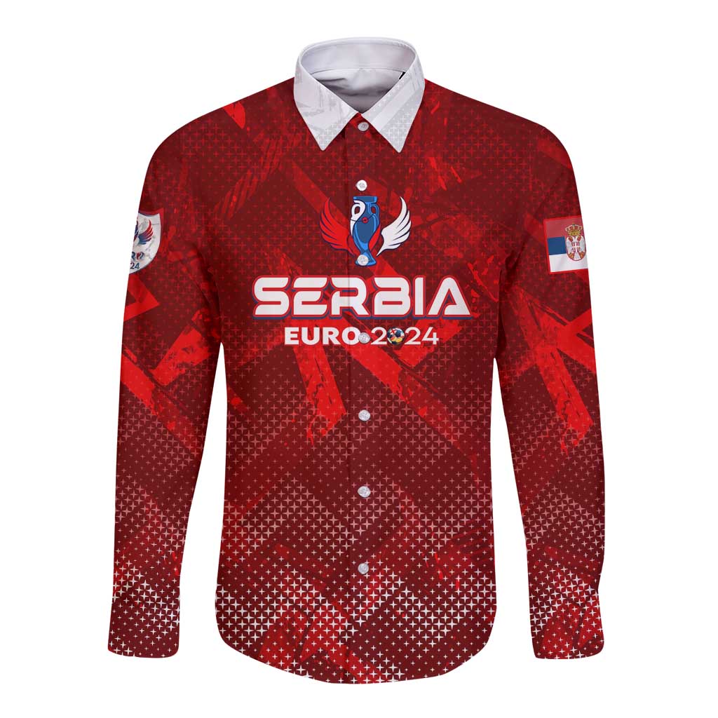 Red long-sleeve button football shirt with Serbia crest and Euro 2024 graphic