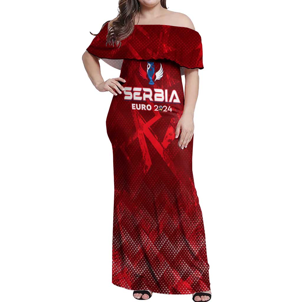 Personalized Serbia Football 2024 Off Shoulder Maxi Dress Trophy Wing Style - Wonder Print Shop