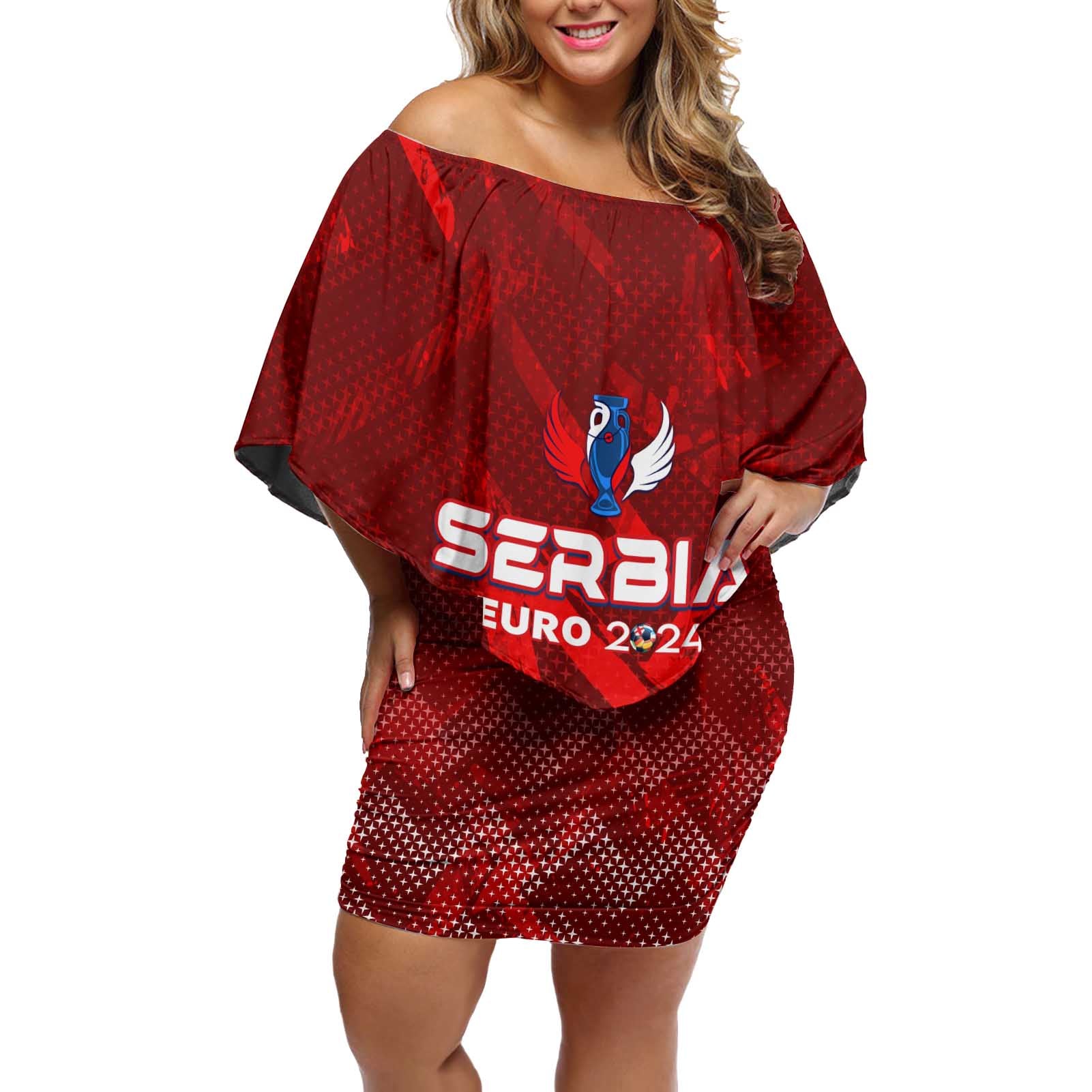 Personalized Serbia Football 2024 Off Shoulder Short Dress Trophy Wing Style - Wonder Print Shop